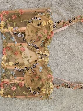 Embroidered Floral Sheer Bralette/ Corset - Nude with Multi-Color Flowers